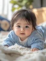 A baby in a blue sweater laying on a bed photo