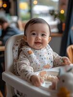 A baby in a high chair smiling photo