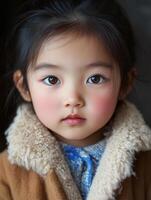 A little girl with blue eyes and a brown coat photo