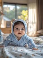 A baby in a blue hoodie laying on a bed photo