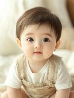A baby sitting on a bed with a white shirt photo