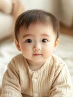 A baby sitting on a bed with a blanket photo