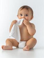 A baby is sitting on the floor with a white cloth in his mouth photo