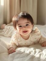 A baby smiling on a bed photo