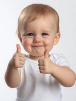 A baby is giving the thumbs up sign photo