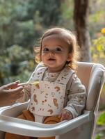 A baby sitting in a high chair with a spoon photo