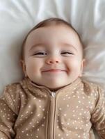 A smiling baby laying on a bed photo