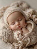 A baby is sleeping in a knitted hat photo