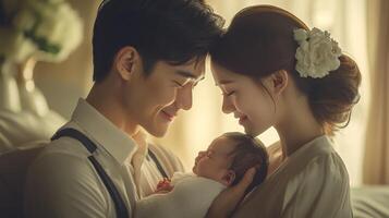 A man and woman holding a baby in a room photo