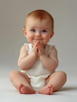 A baby is sitting on the floor with her hands folded photo