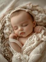 A baby is sleeping in a knitted blanket photo