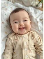 A baby smiles while laying on a bed photo