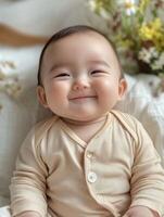 A baby in a beige bodysuit smiles for the camera photo
