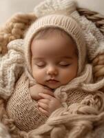 A baby sleeping in a basket with a knitted hat photo