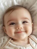 A baby smiling while laying on a bed photo