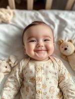 A baby smiles while laying on a bed with stuffed animals photo