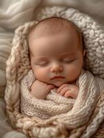 A newborn baby is wrapped in a blanket photo