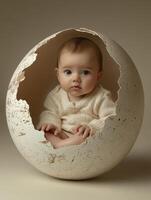A baby sitting inside of an egg shell photo