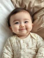 A baby smiling on a bed photo