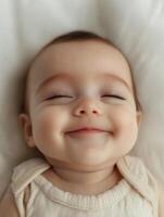 A baby is smiling while laying down photo