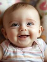 A baby smiles while laying on a blanket photo