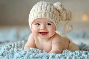 A smiling baby in a knitted hat photo