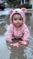 A baby in a pink bear costume playing in the rain photo