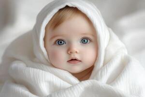 A baby wrapped in a white blanket photo