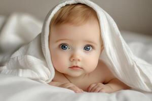 A baby with blue eyes is laying on a bed photo