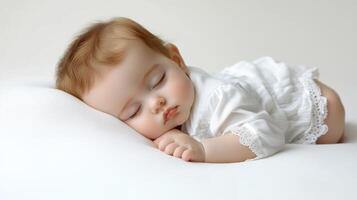 A baby sleeping on a white pillow photo