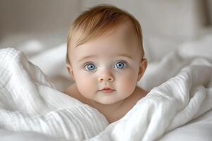 A baby with blue eyes laying on a bed photo