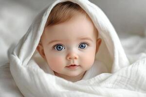 A baby with blue eyes is wrapped in a blanket photo