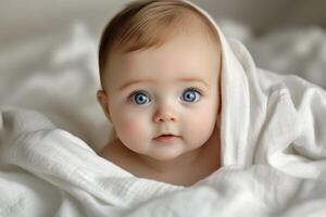 A baby with blue eyes laying on a blanket photo