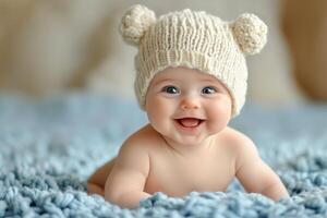 A baby wearing a knitted hat is smiling photo