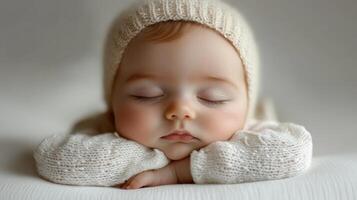 A baby sleeping in a white sweater photo