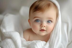 A baby with blue eyes is laying on a white blanket photo