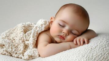 A baby sleeping on a white blanket photo