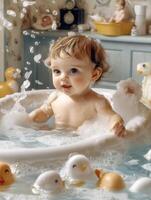 A baby in a bathtub surrounded by ducks photo