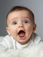 A baby is looking up with its mouth open photo