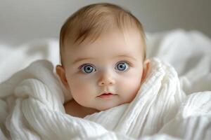 A baby with blue eyes is wrapped in white photo