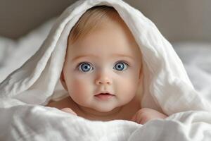 A baby with blue eyes under a blanket photo