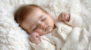 A baby sleeping on a white blanket photo