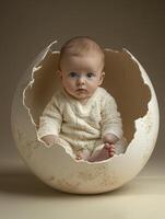 A baby sitting in an egg shell photo