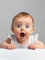 A baby is looking up with a surprised expression photo