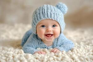 A baby in a blue knitted sweater and hat photo