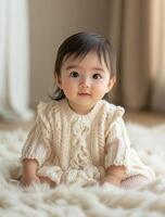 A baby girl in a knitted sweater sitting on a rug photo