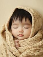 A baby wrapped in a blanket on a beige background photo