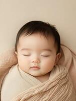 A baby sleeping on a beige blanket photo