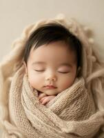 A baby sleeping in a beige blanket photo