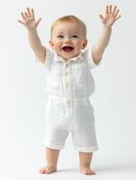 A baby in a white outfit with his hands up photo